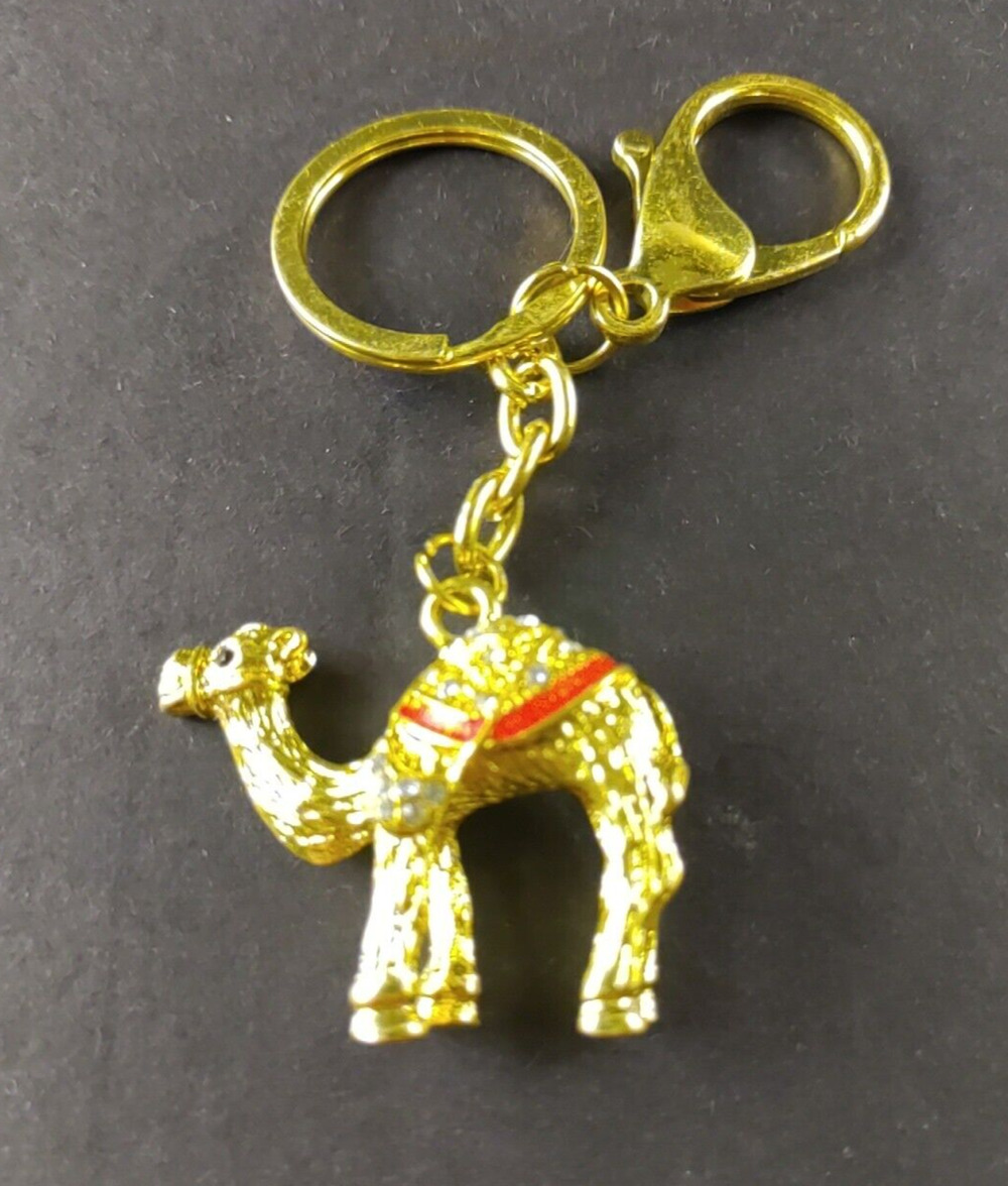 Camel Gold Tone Rhinestone Keychain Purse Clip Charm Heavy